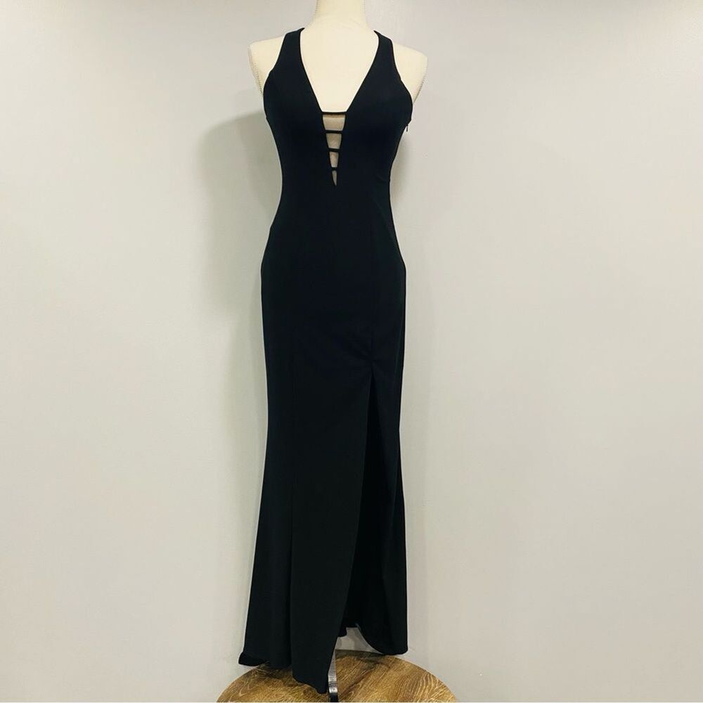 FAVIANA 2 Black Halter Strappy Back Special Occasion Long Formal Dress Prom Slit